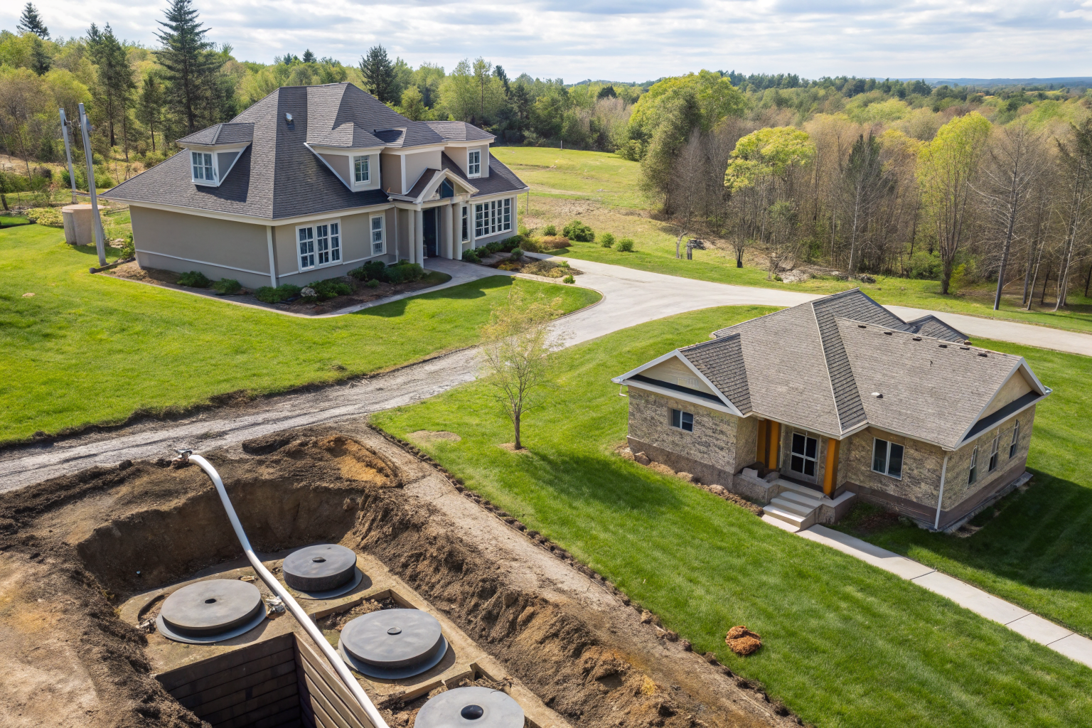 Residential property with plots showing conventional and aerobic septic systems.