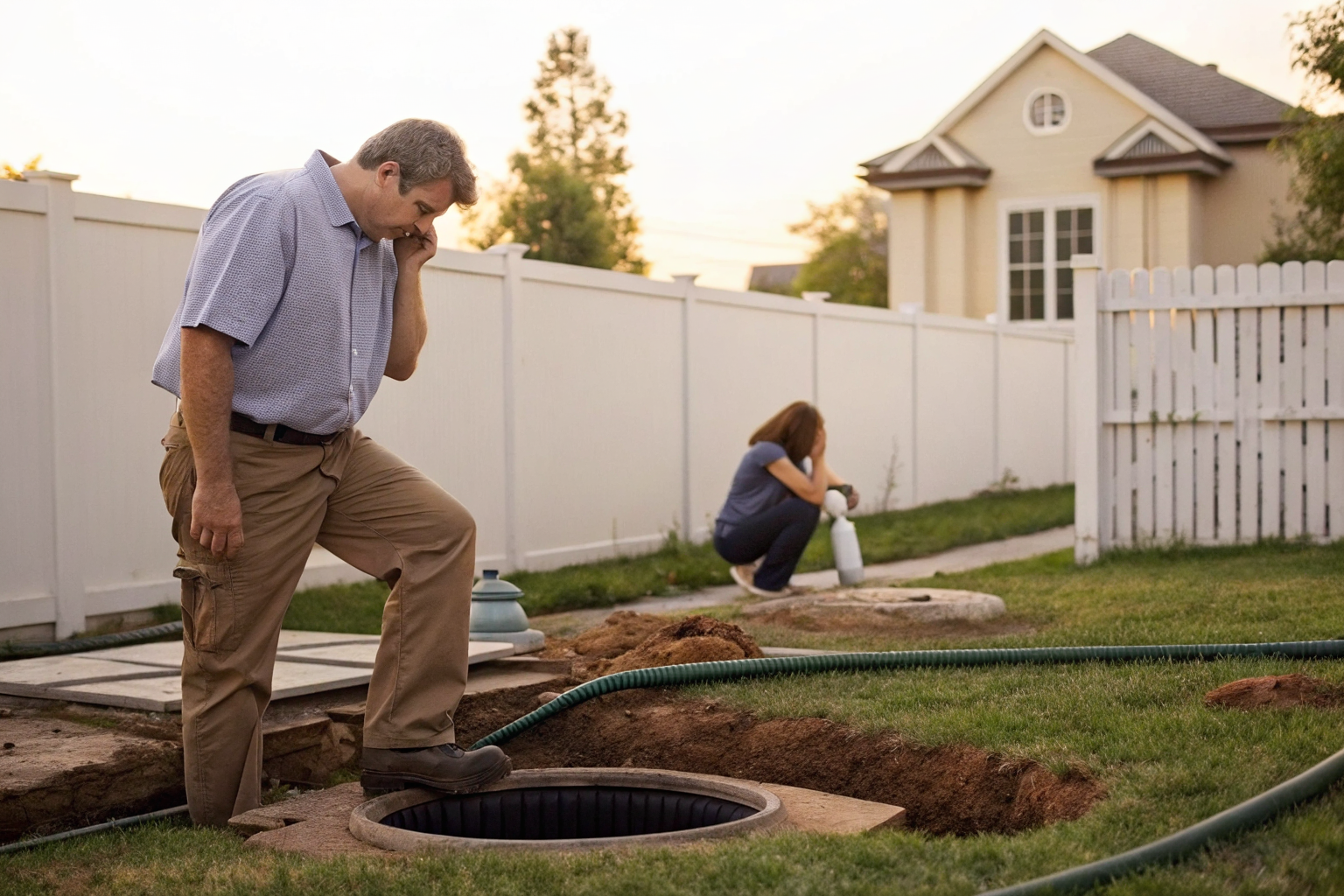 Careless inspector skipping equipment near septic system, homeowner observing.