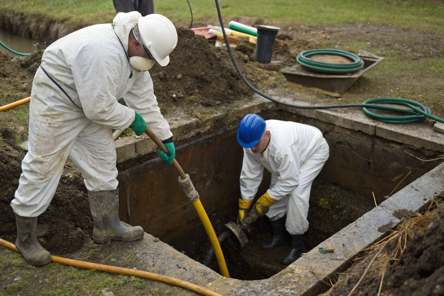 Workers in protective gear repairing a septic system with sewage discharge.