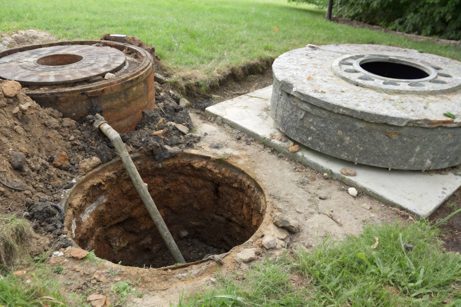 Old corroded septic system contrasted with a new installation.