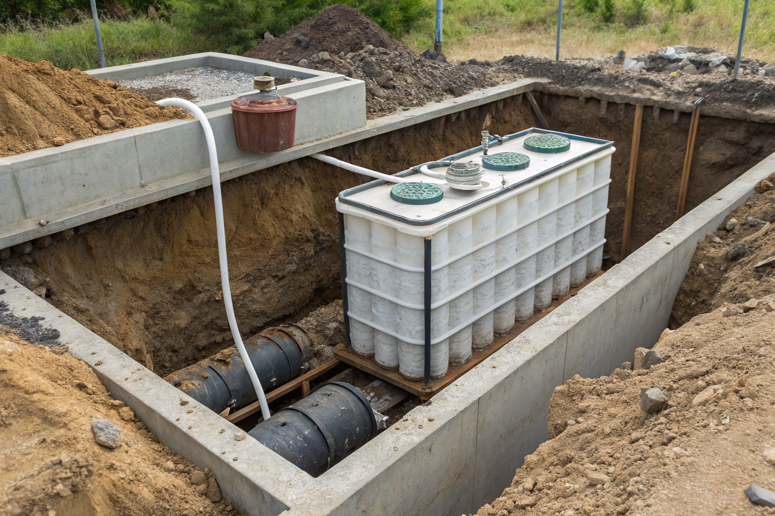 Septic tank illustrating retention time with varied material densities.