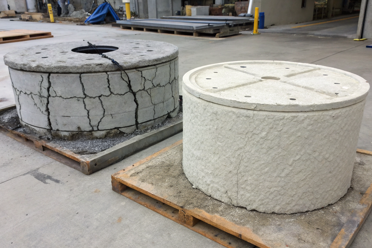 Comparison of plastic and concrete septic tank risers in a technical setup.