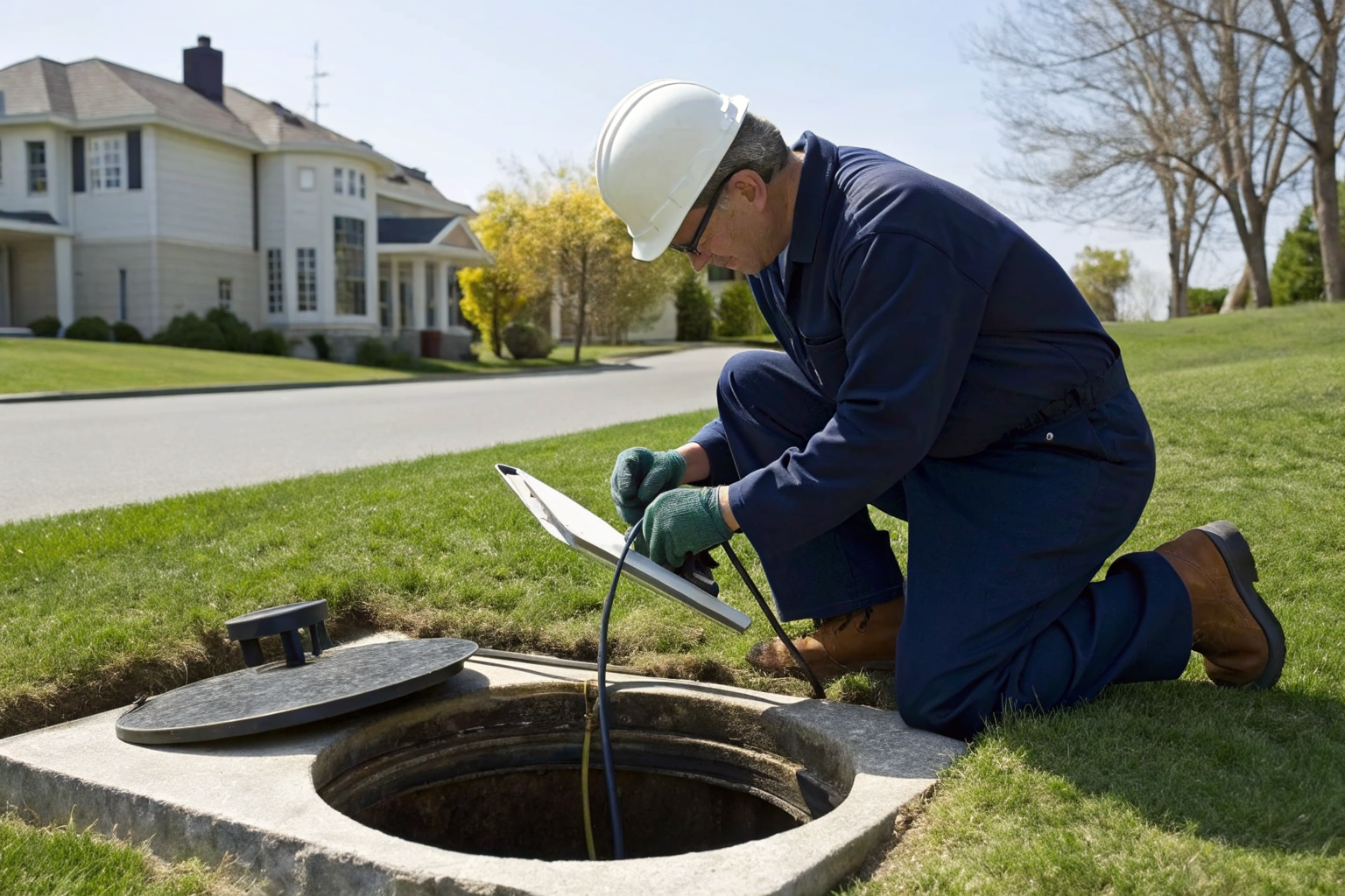 Septic inspector examining tank components outdoors.