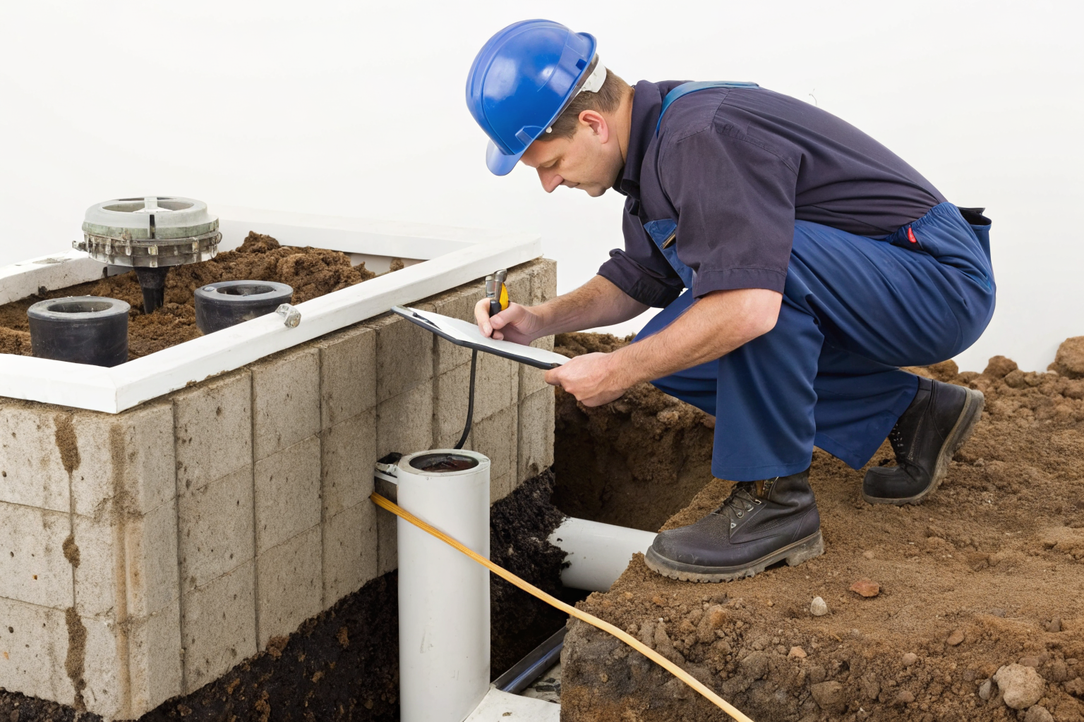Inspector measuring sludge in septic tank during Title 5 test.