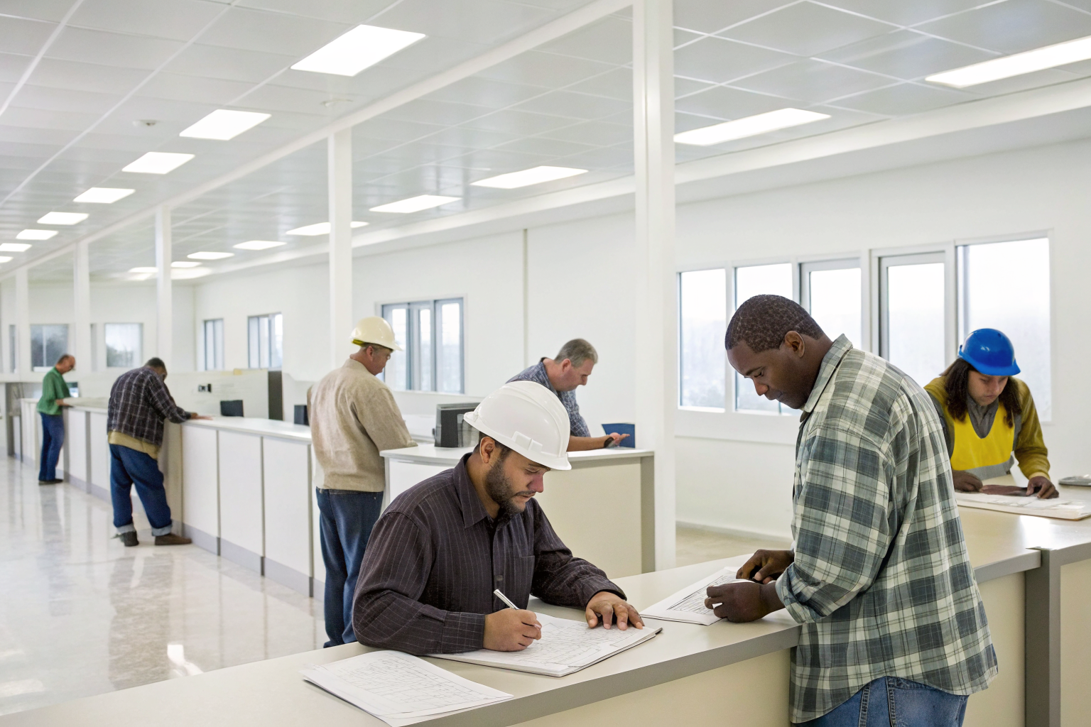 Individuals in a permit office applying for septic system permits.