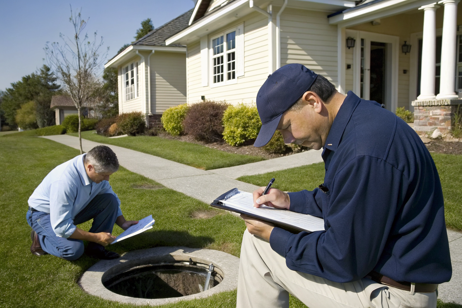 Inspectors verify septic compliance during property sale with paperwork.