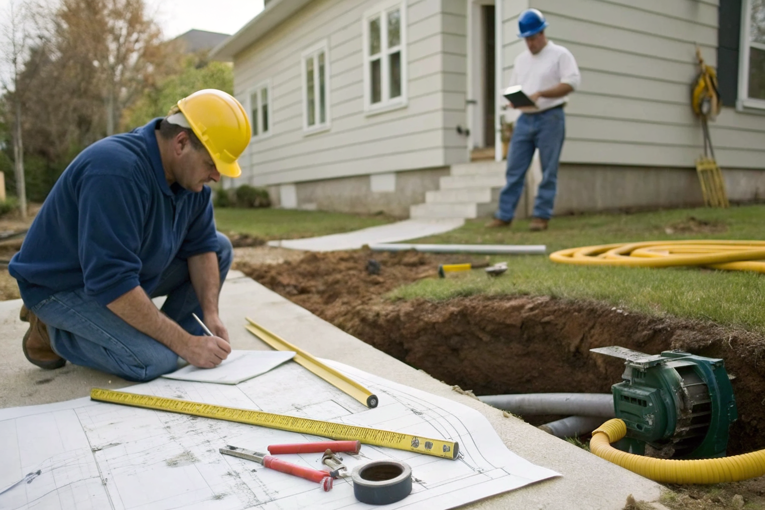 Contractor carrying out proactive septic repairs at a house.