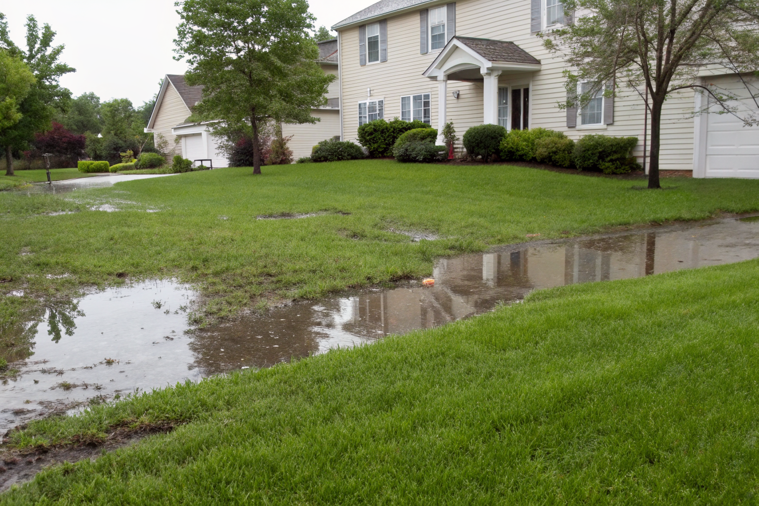 Water pooling on a flooded lawn, saturated soil visible.