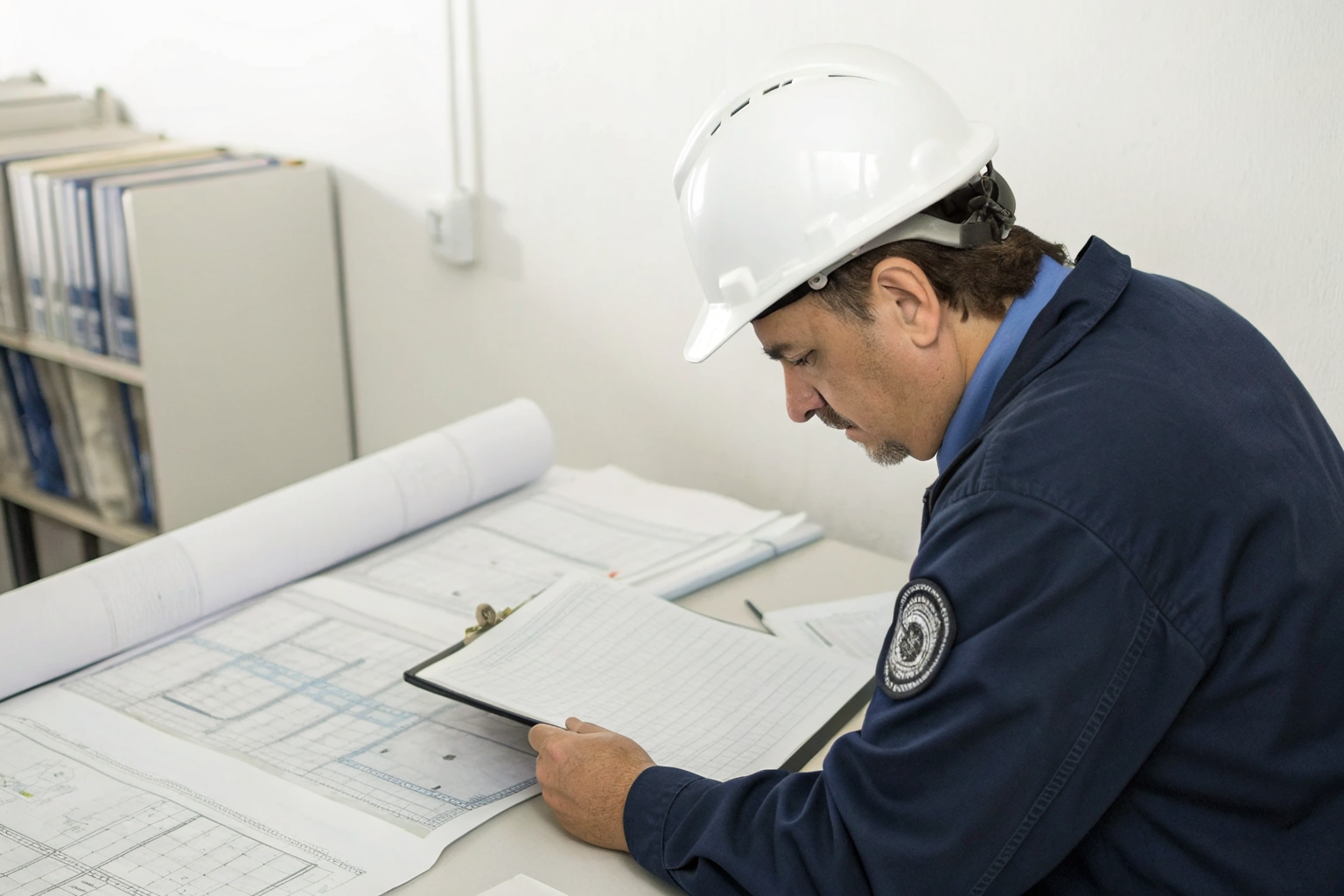 Official reviewing septic system permits at a desk.