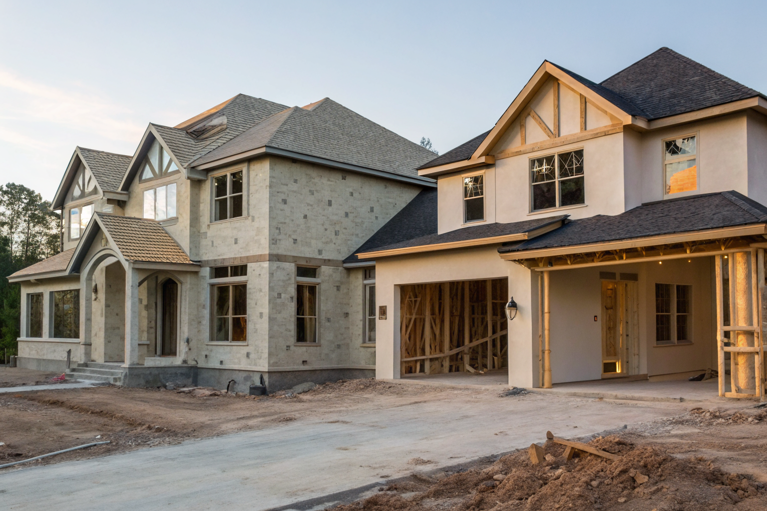 Two houses under construction highlighting bedroom count.