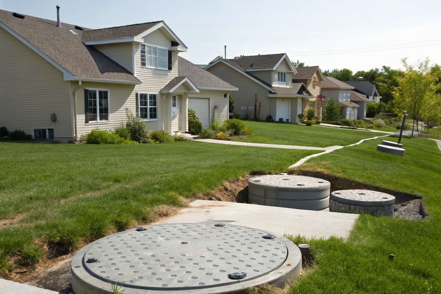 Suburban houses with septic tank lids, representing capacity.
