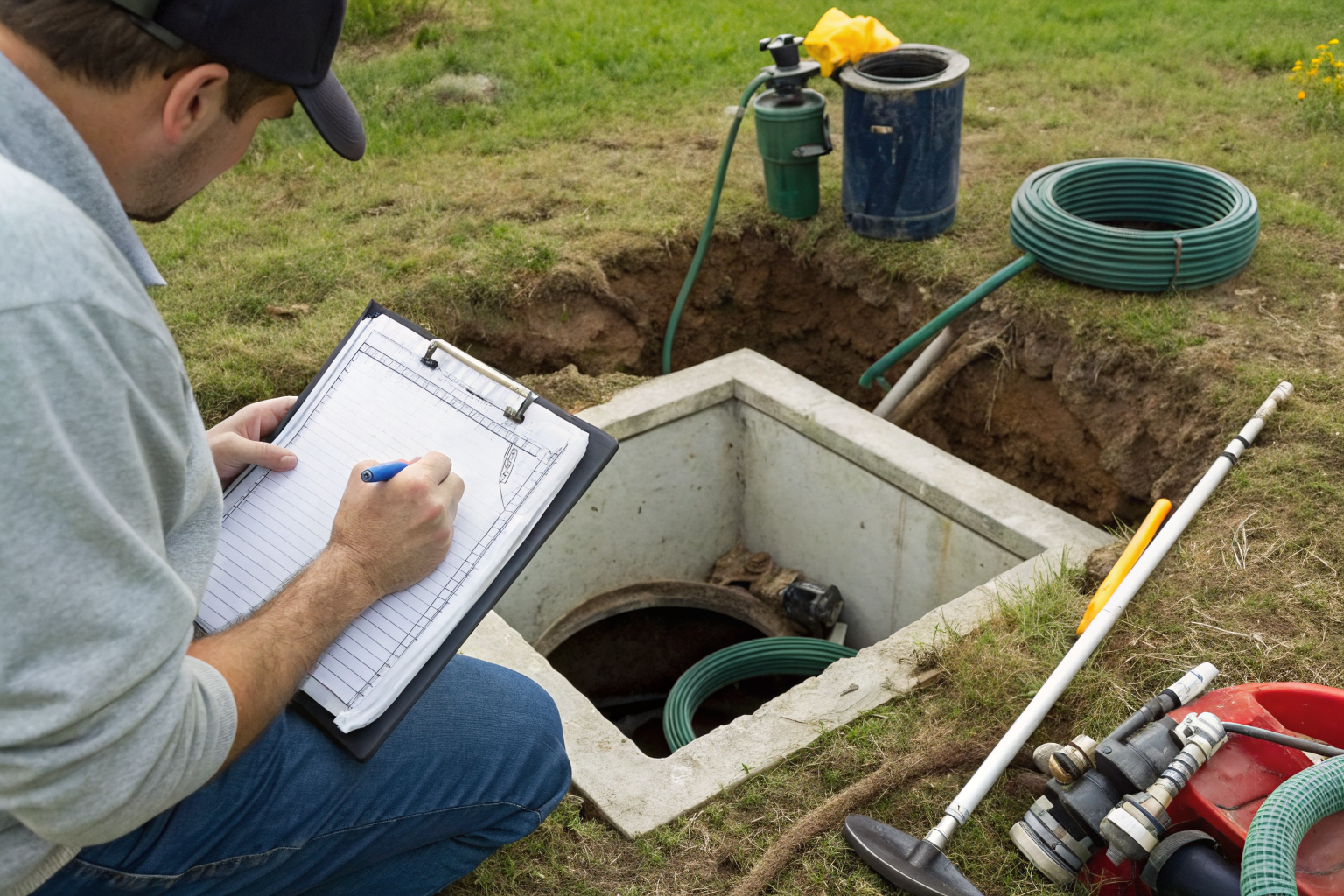 Person inspecting a septic tank with tools and checklist.