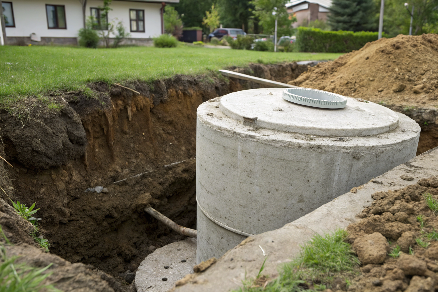 Concrete septic tank partially buried, showing durability.