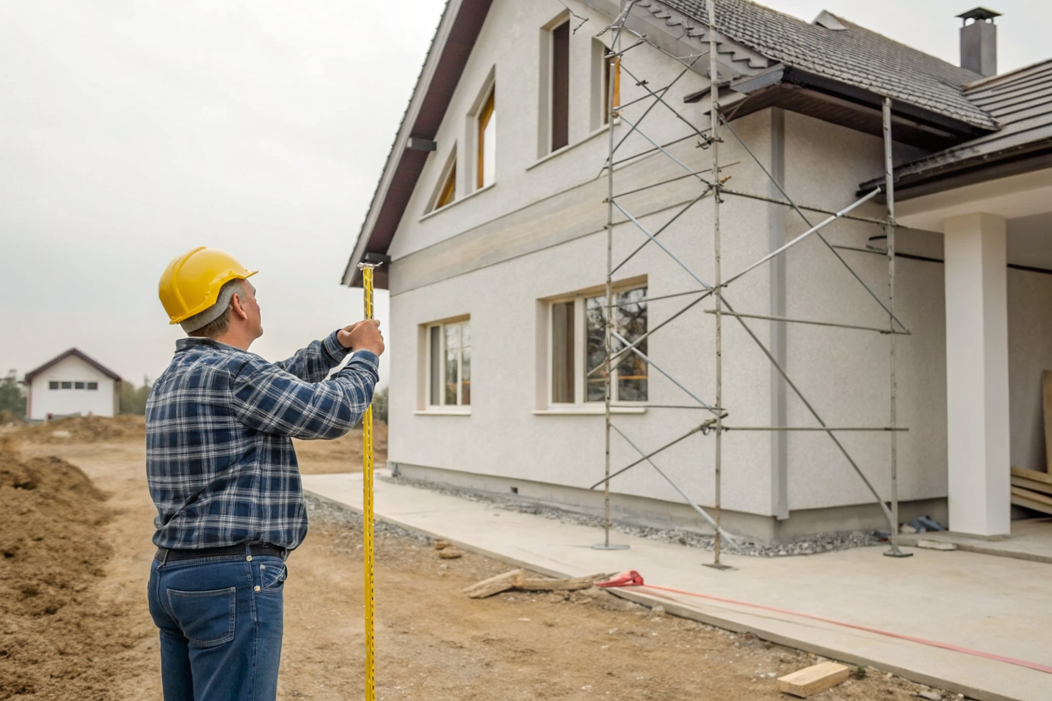 Worker measuring setback distances at a construction site.
