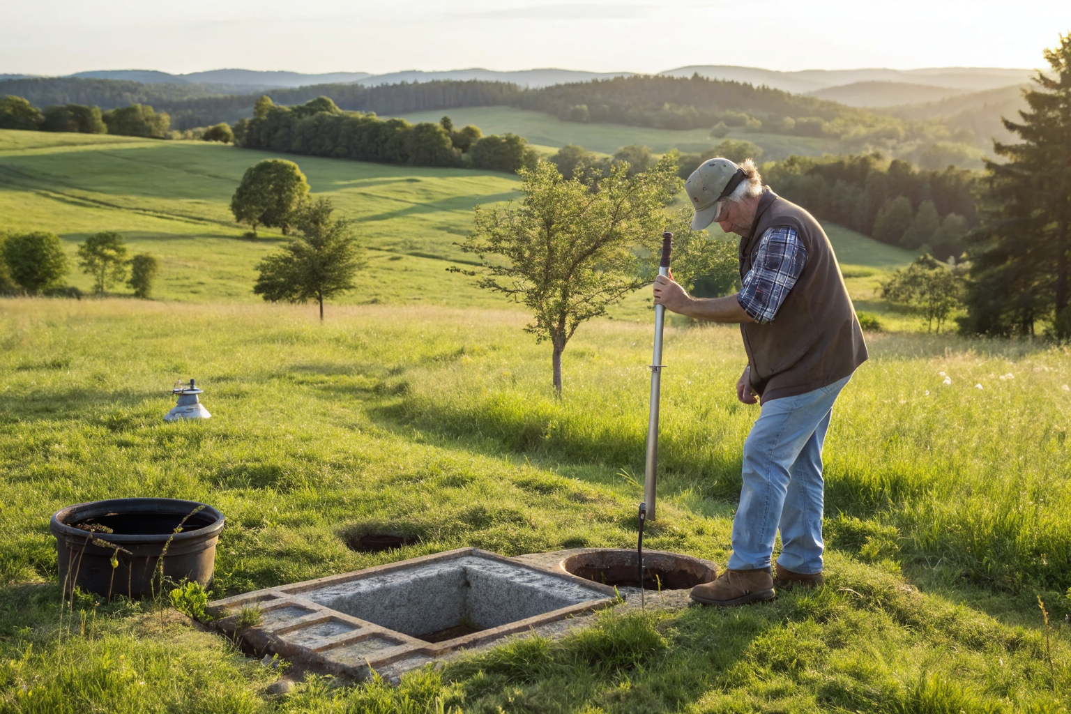 Site evaluator testing soil for septic system in field.