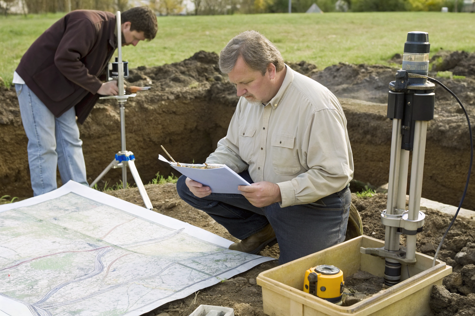 Soil scientist performing percolation test on Ohio property with equipment.