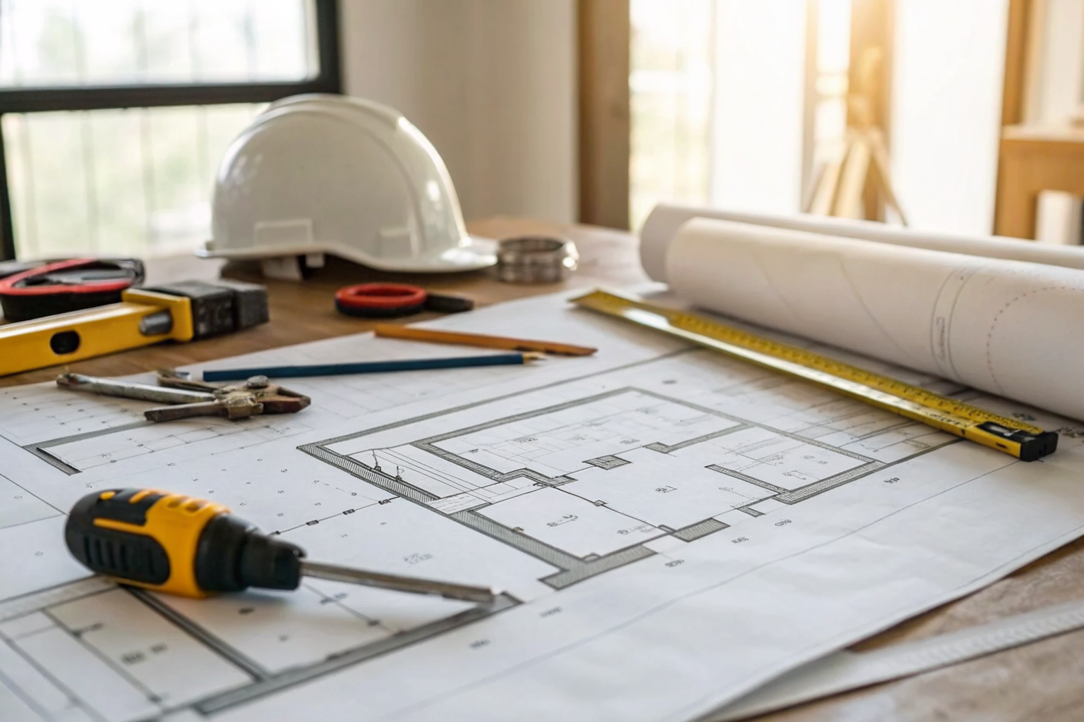 Septic system design plan with tools and documents in a workshop setting.
