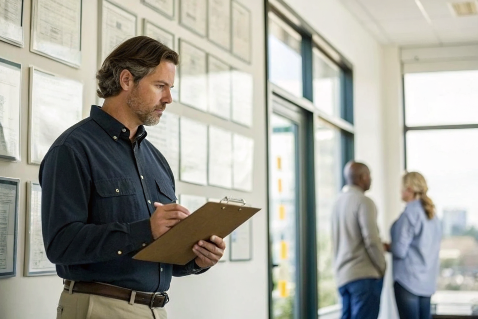 Inspector in office holding clipboard, licenses displayed behind.