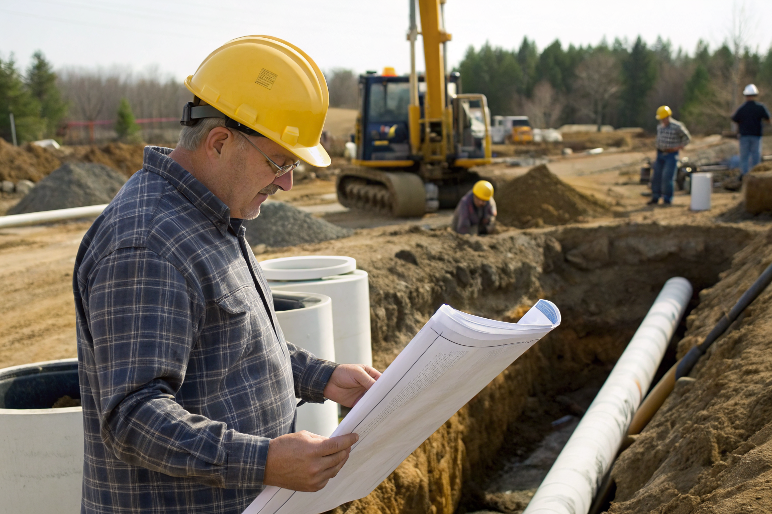 Engineer examining septic system blueprint on site in Suffolk County.