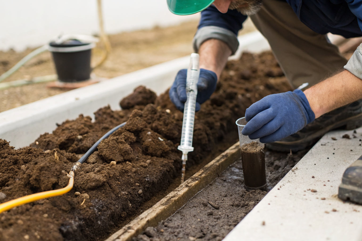 Worker conducting a perc test measuring soil drainage rate.