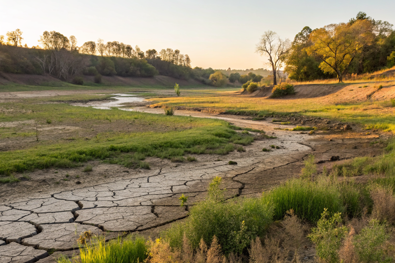 Recovering landscape with drying drainfield, groundwater recession visible.