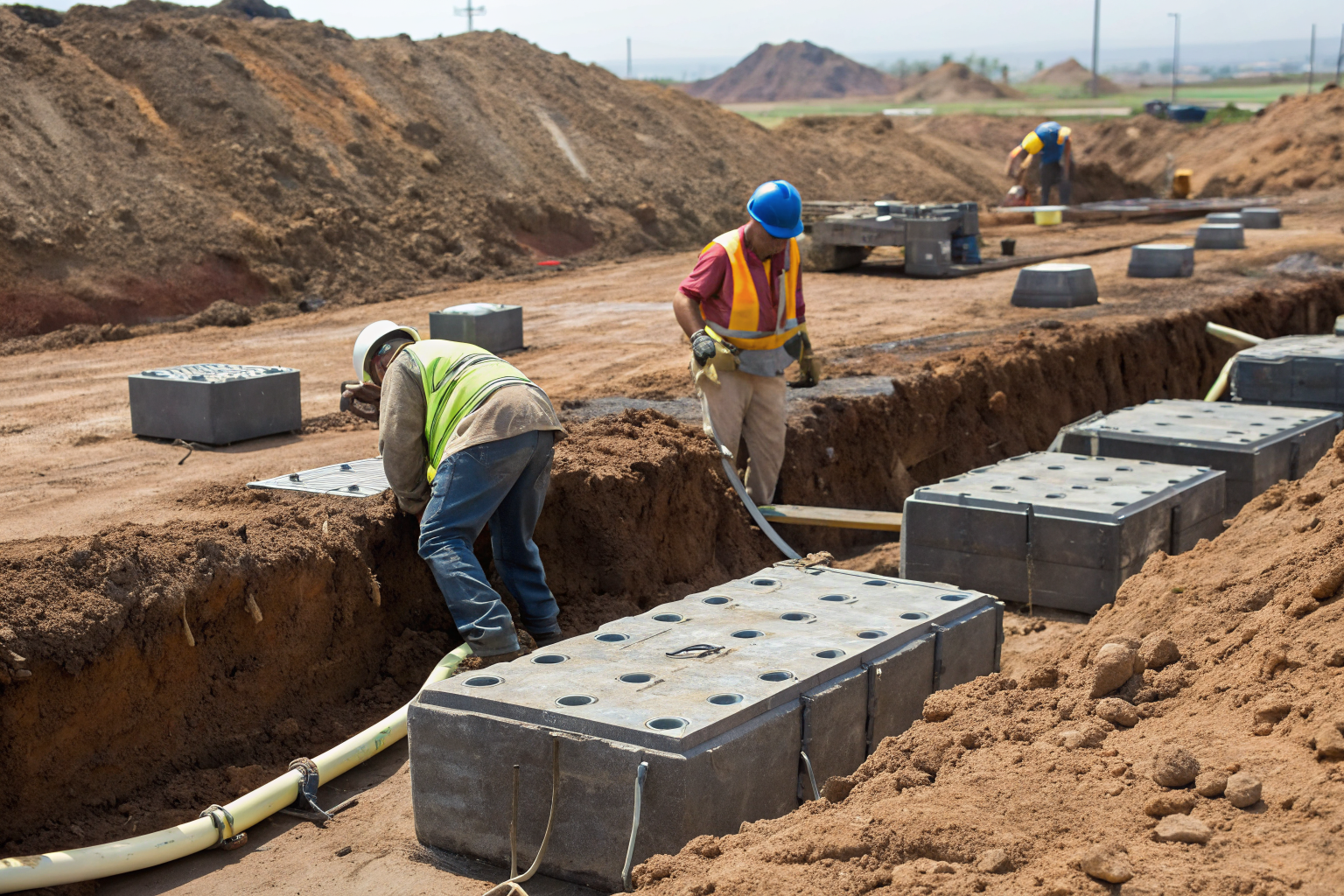 Construction site with mound systems and aerobic units in clay soil.