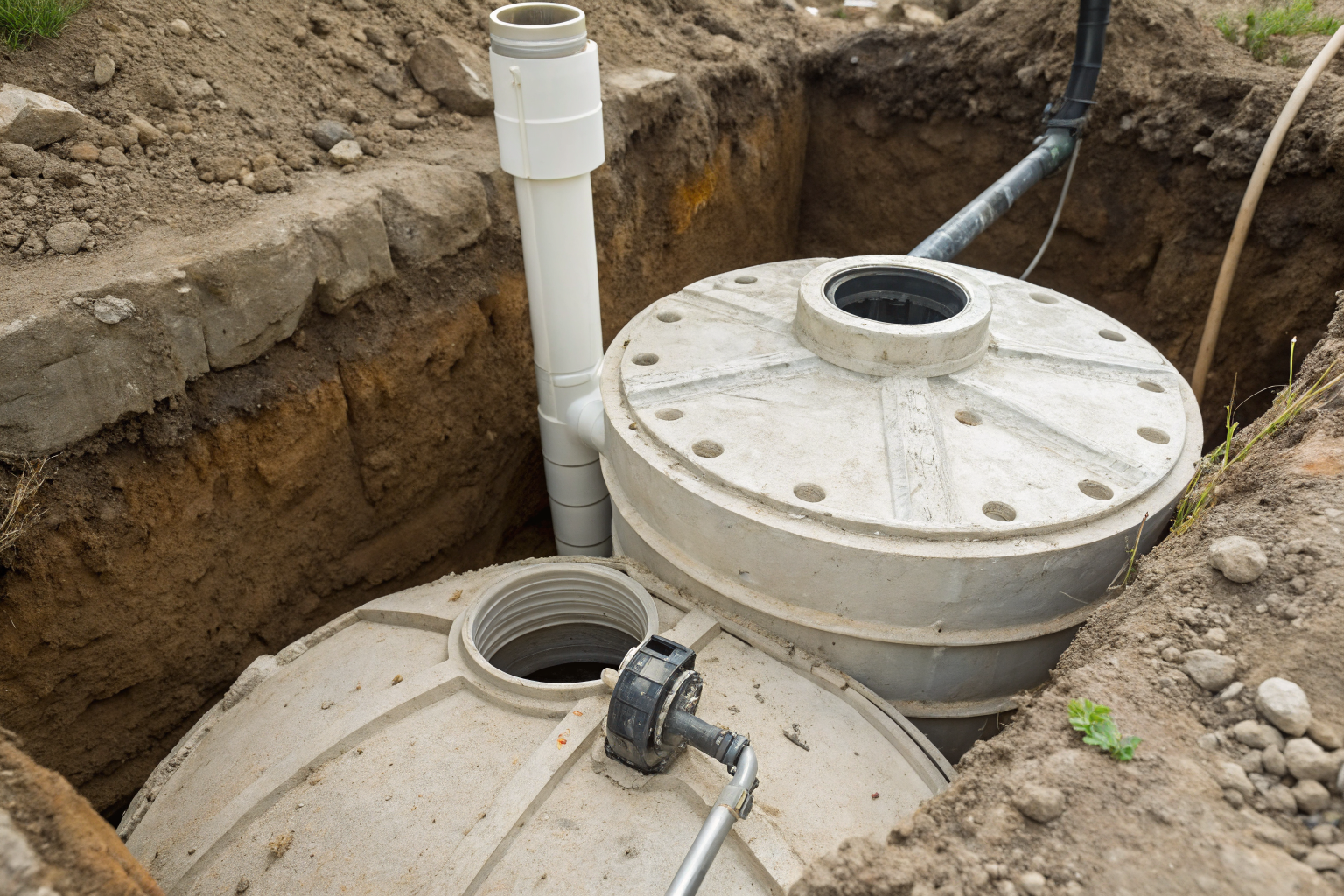 Septic tank components labeled: inlet baffle, outlet pipe, dividing wall.