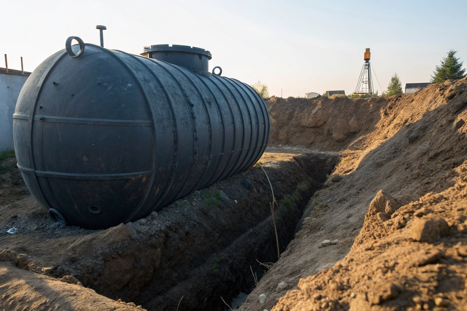 Large septic tank with measurement markings half-buried in ground.