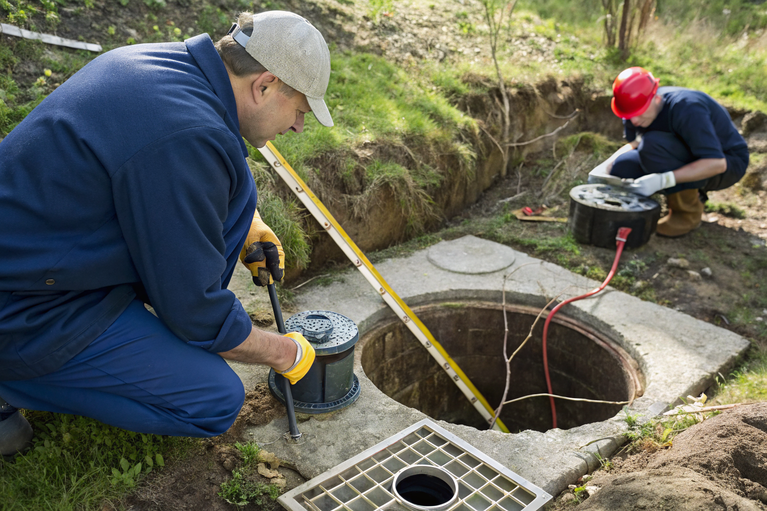 Technician inspecting a septic system near a well, measuring distance.