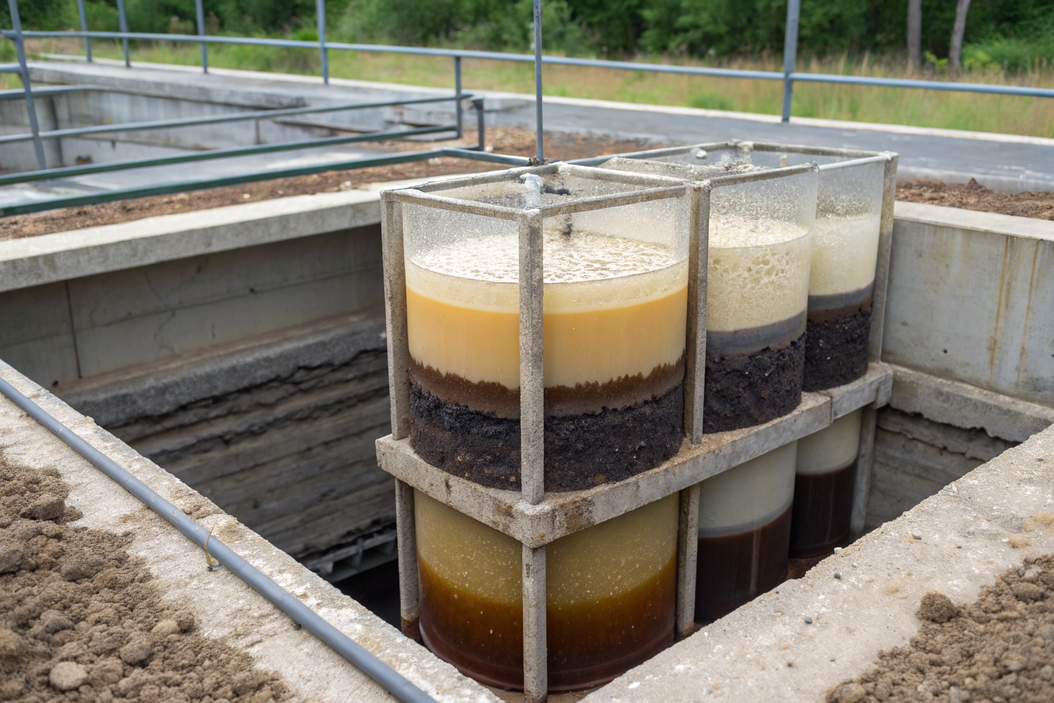 Septic tank with distinct scum, effluent, and sludge layers.