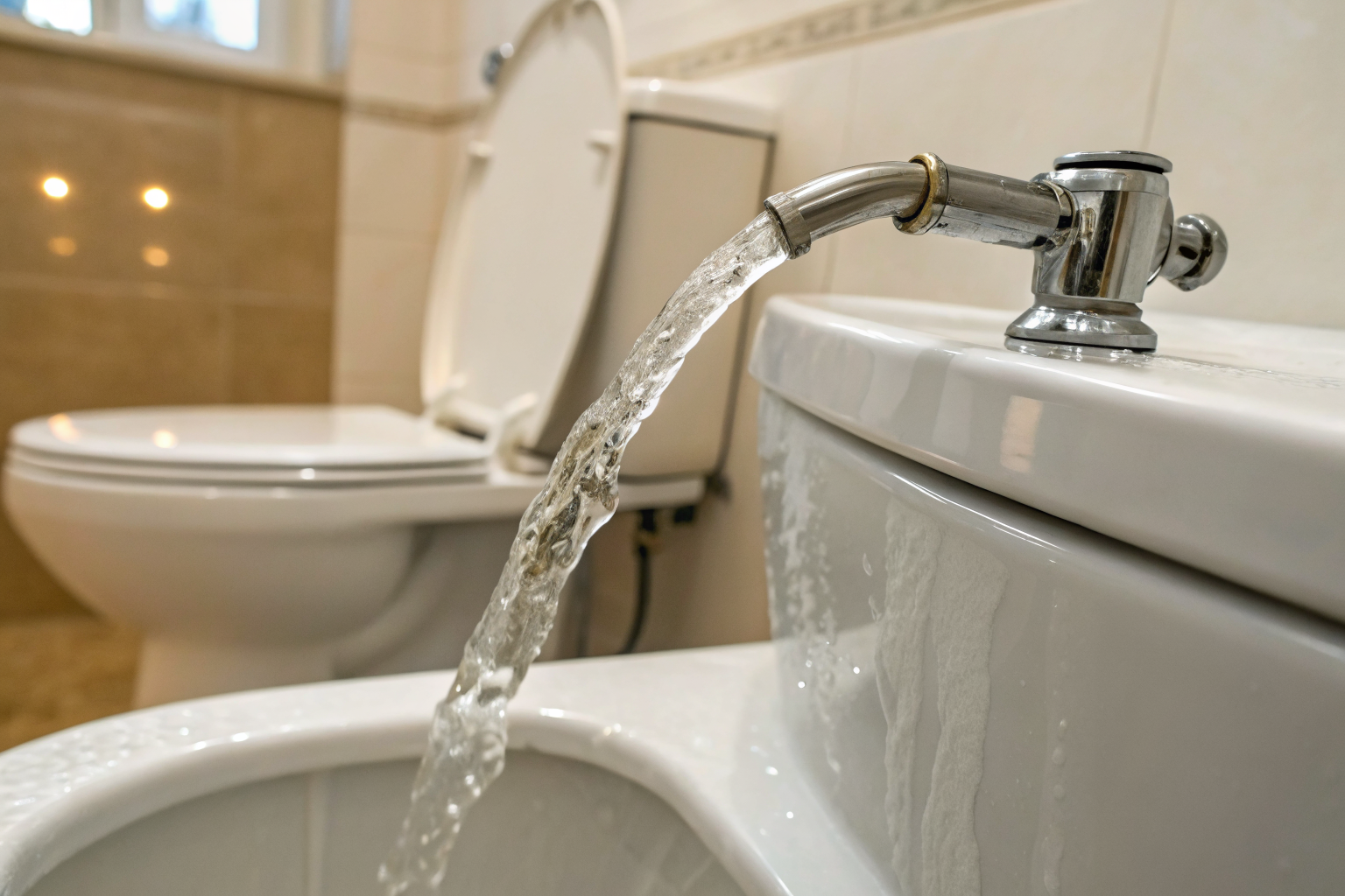 Toilet flush handle with water flow, illustrating GPF rating impact.
