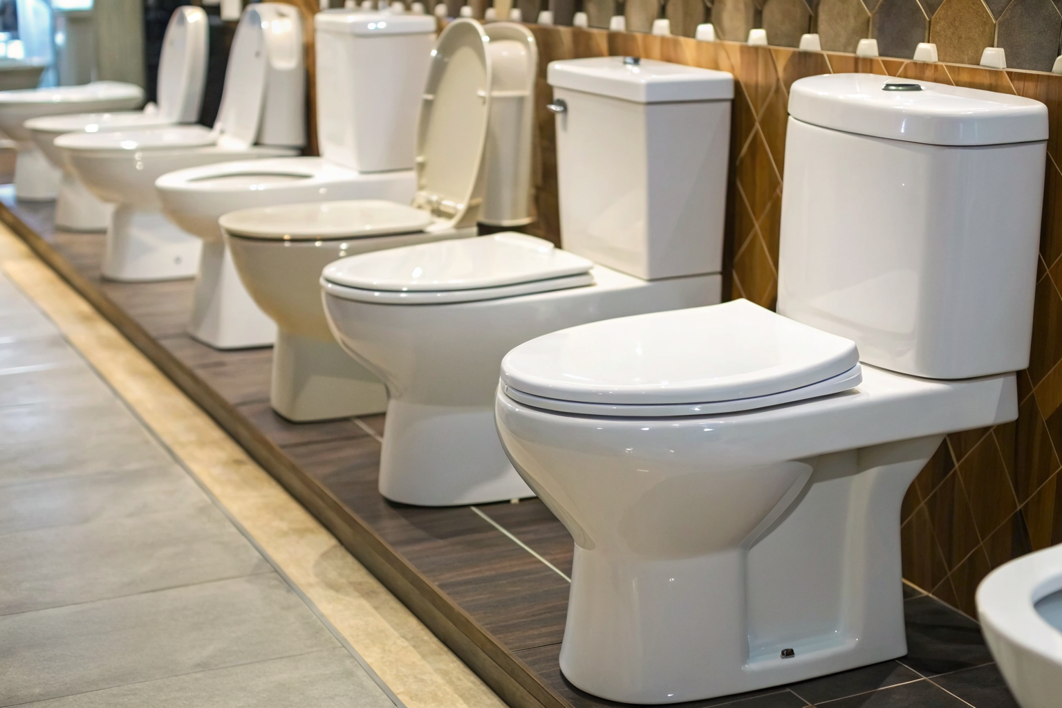 Lineup of low-flow toilets labeled with GPF ratings and features.