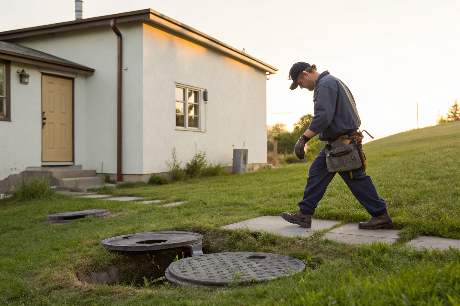 Inspector checks septic tank and distribution boxes on property.