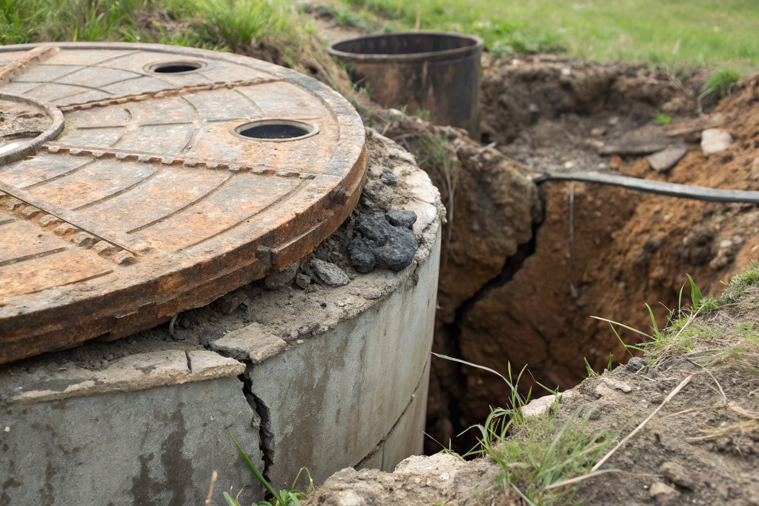 Close-up of an old septic tank showing wear.