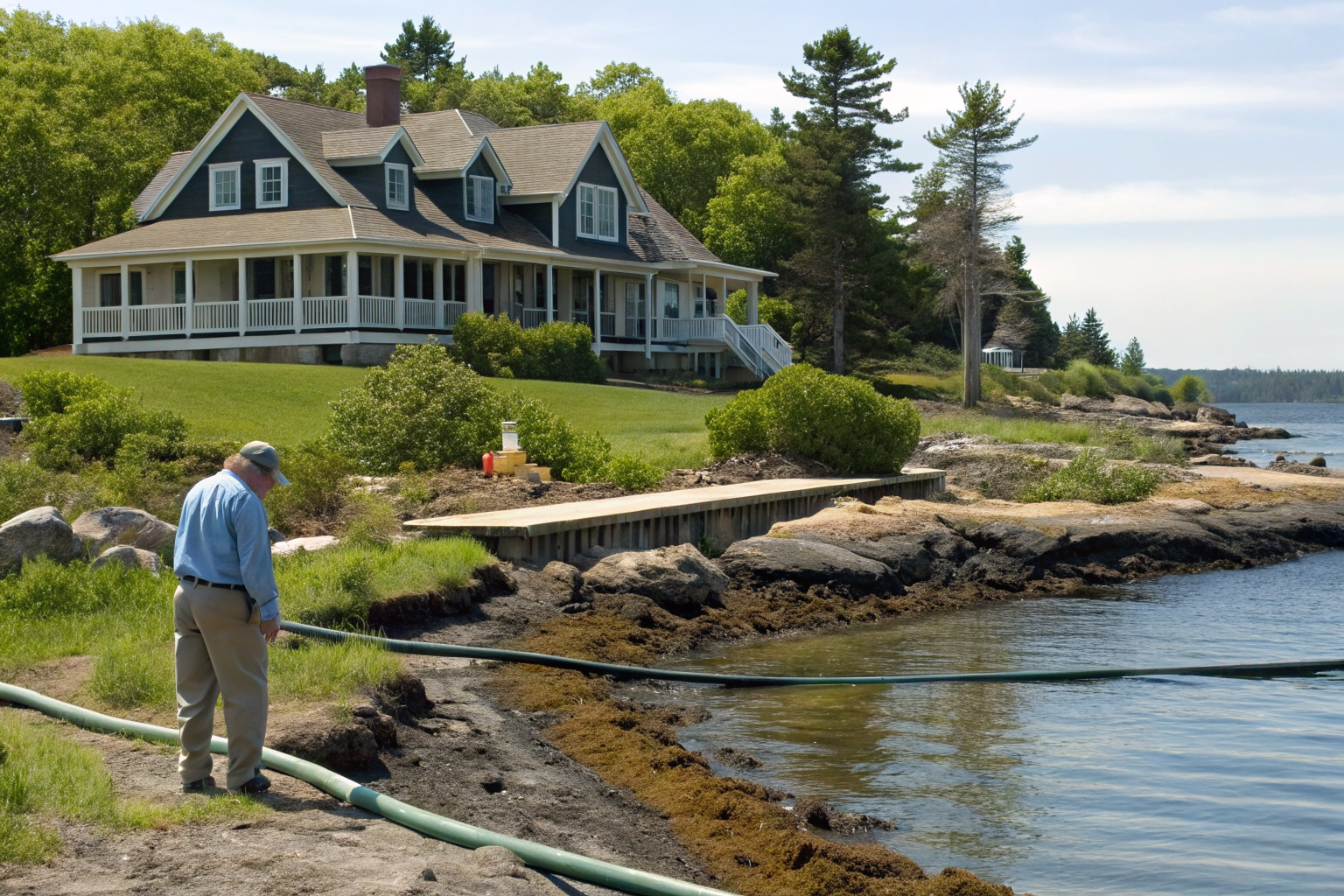 Vacation property by water with septic planning signs.