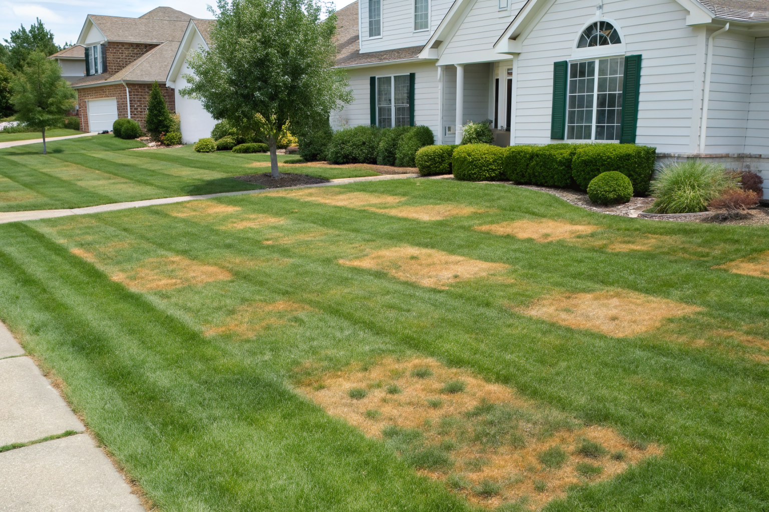 Lawn with rectangular grass color variations indicating septic tank.