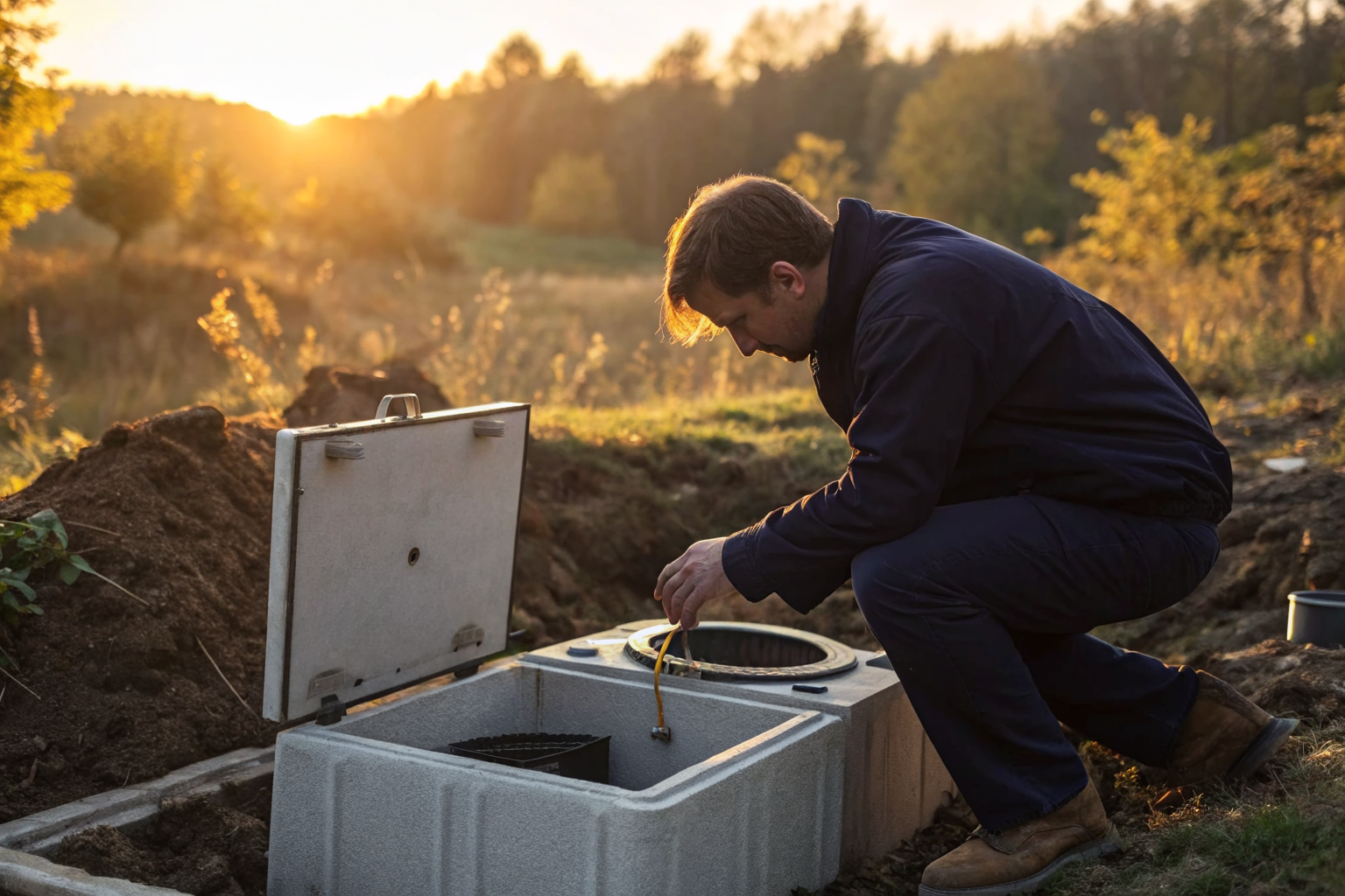 Inspector examines above-ground septic system components in golden light.