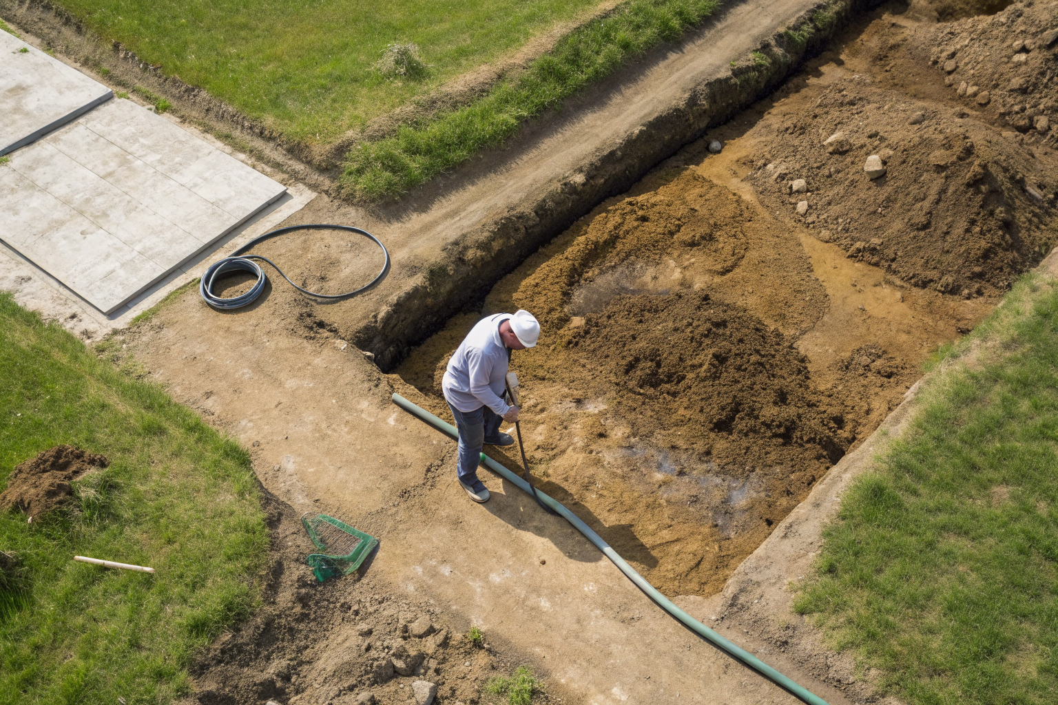 Aerial view of drainfield with technician assessing soil damage.