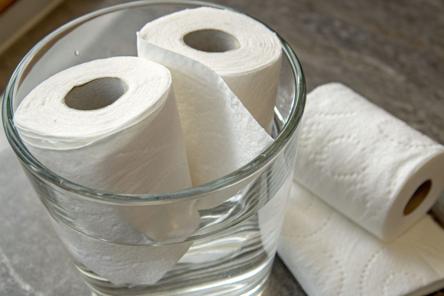 Toilet paper in a glass of water with fibers floating.