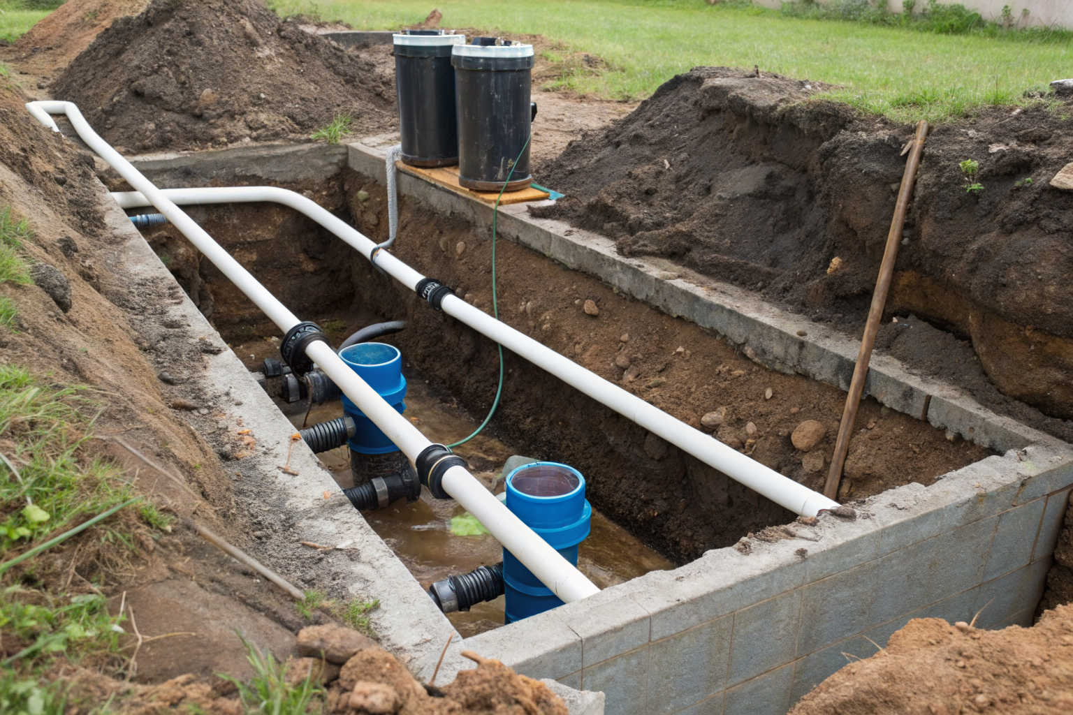 Septic system cross-section showing water flow and hydraulic risk.