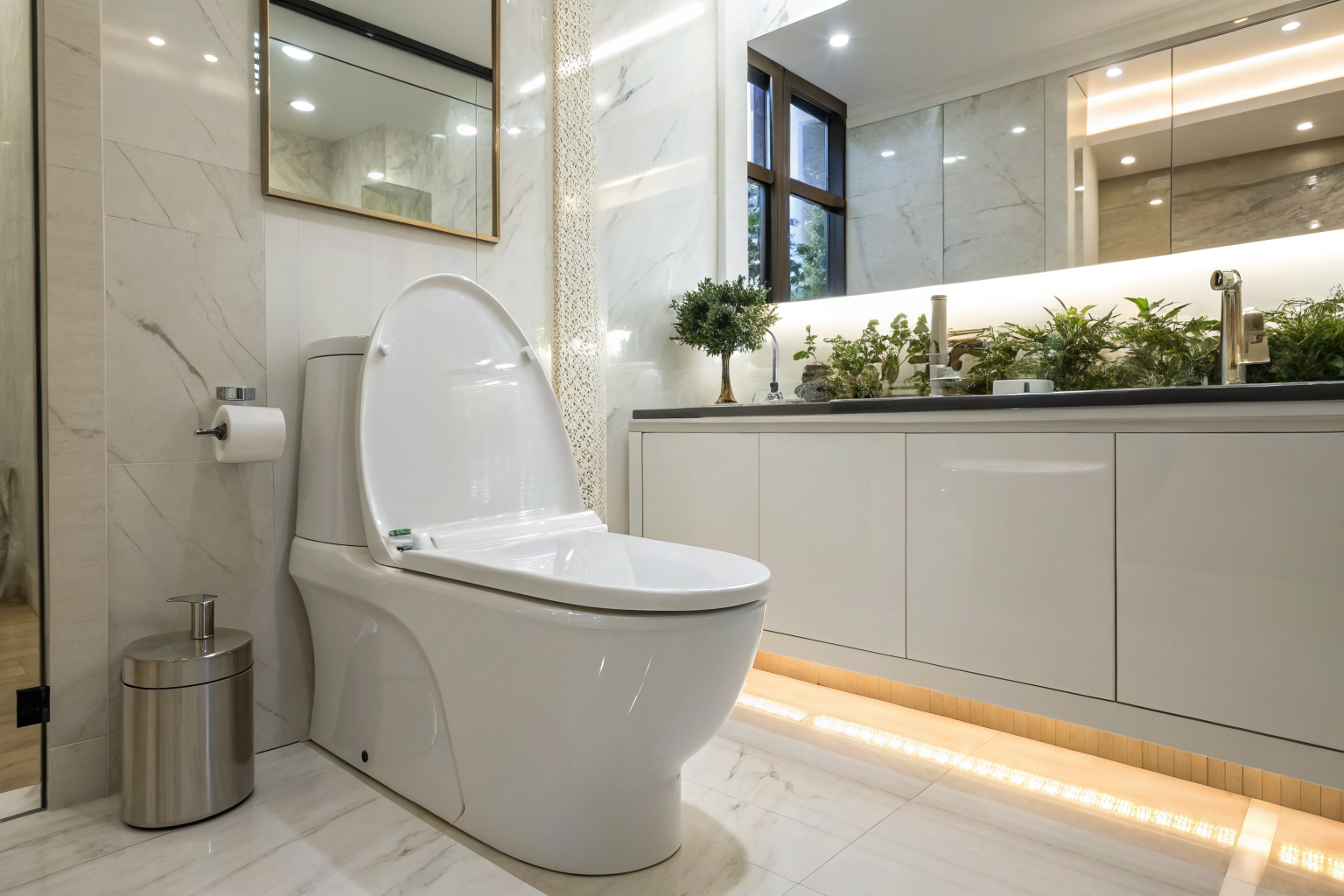 Toilet with WaterSense label in a modern bathroom, highlighting efficiency.