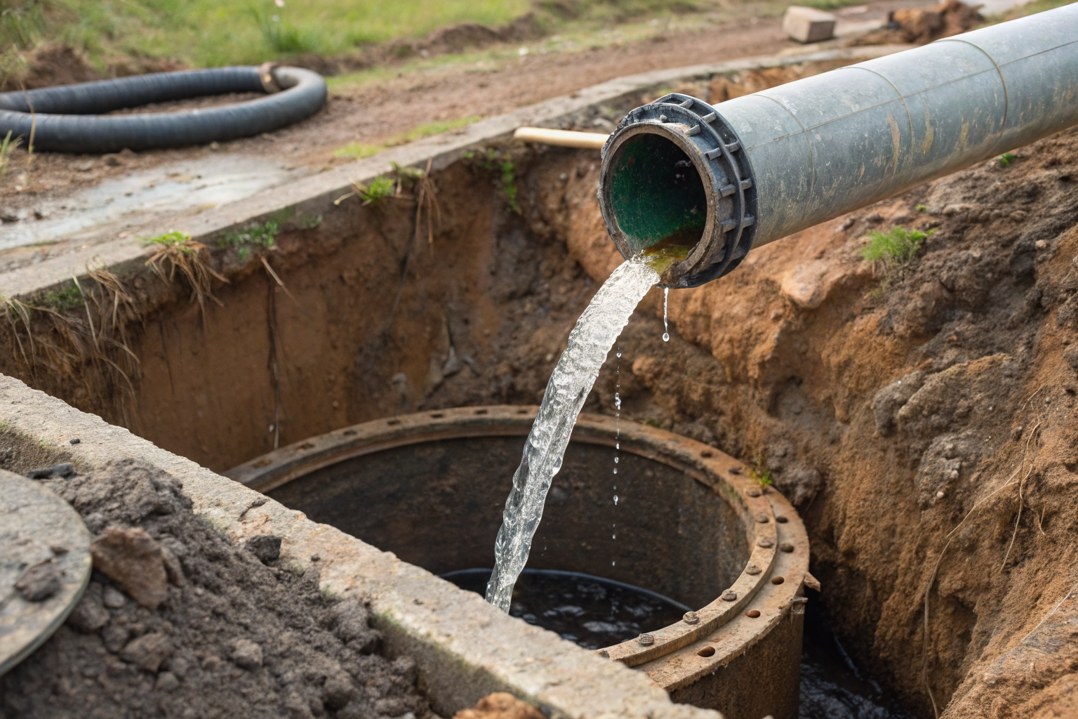 Wastewater entering septic tank through an inlet pipe.
