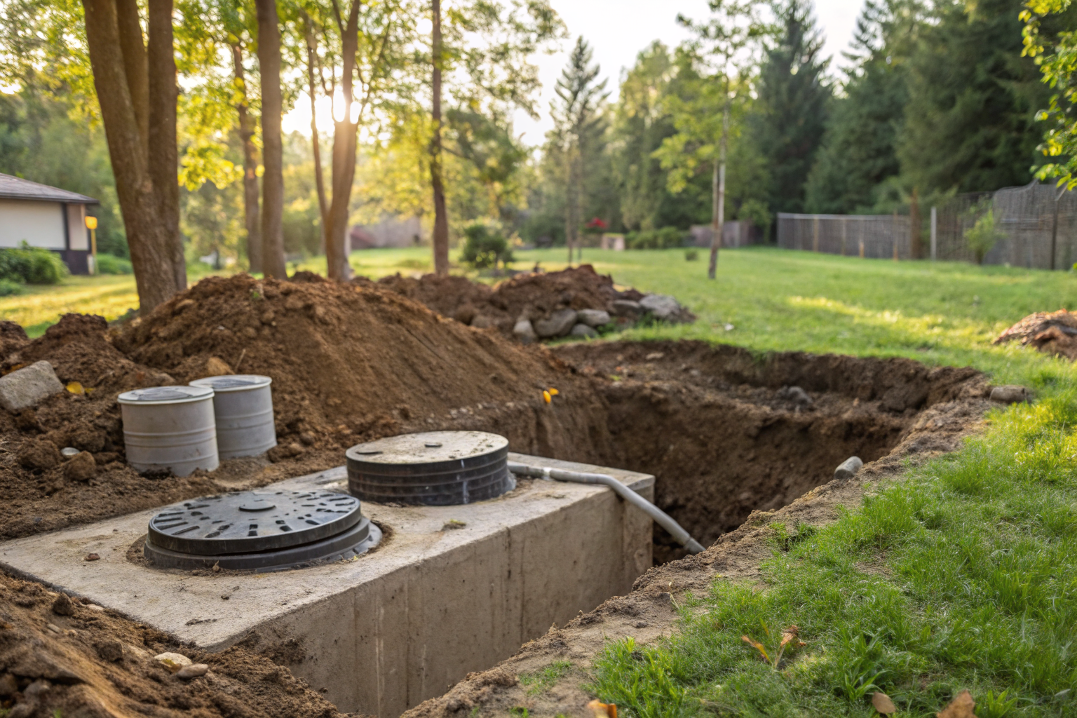 Mound septic system with elevated sand bed in a backyard setting.