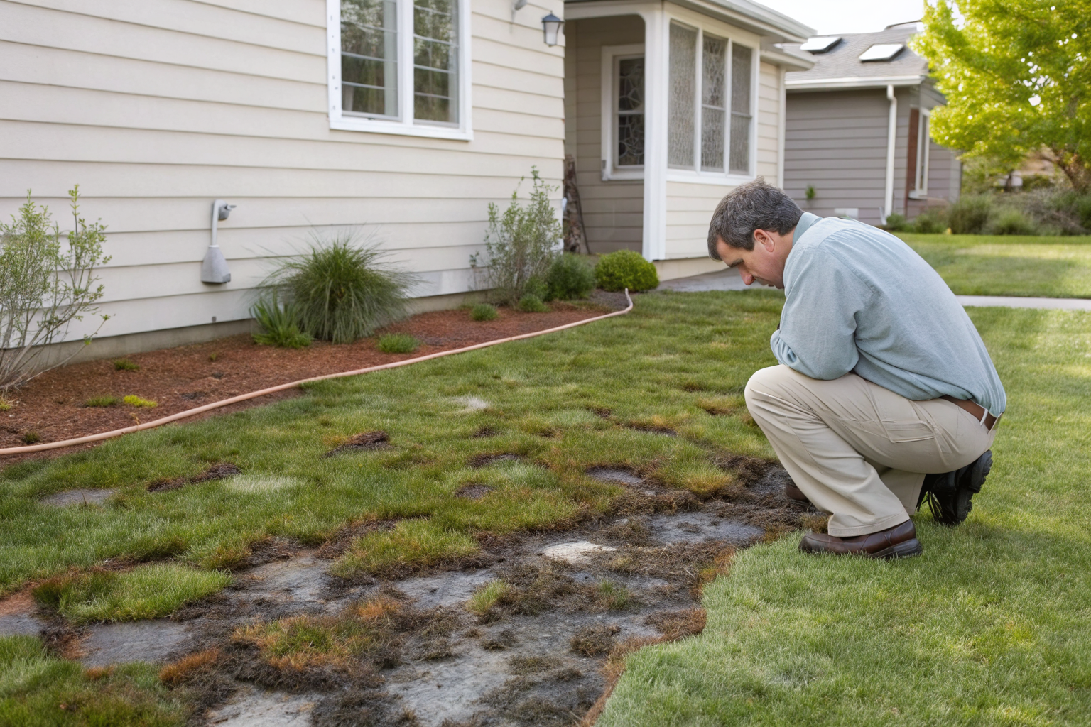 Person examining yard for signs of septic system activity.