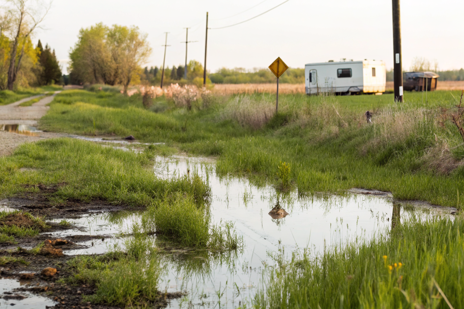 Failed drainfield with standing water and warning signs against RV dumping.