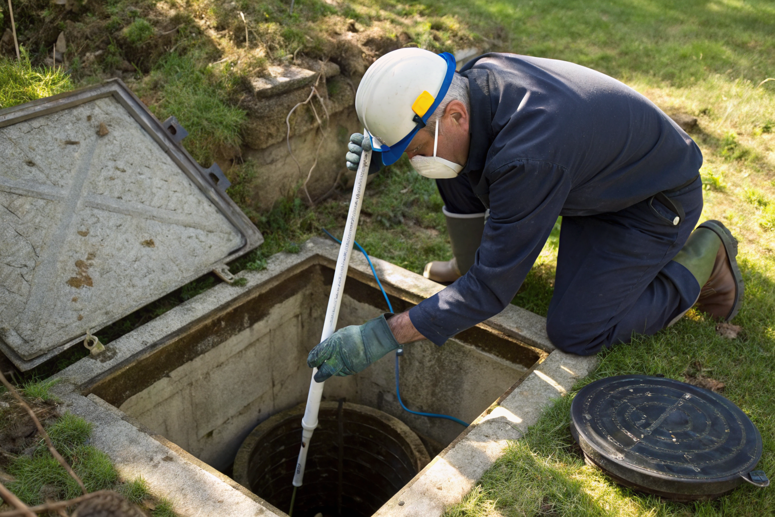 Inspector measuring scum and sludge levels in septic tank.