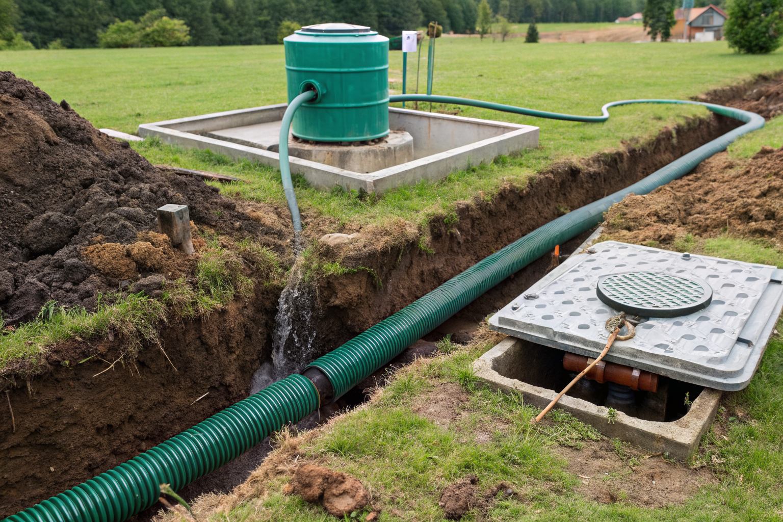 Effluent flowing to drainfield via distribution box.