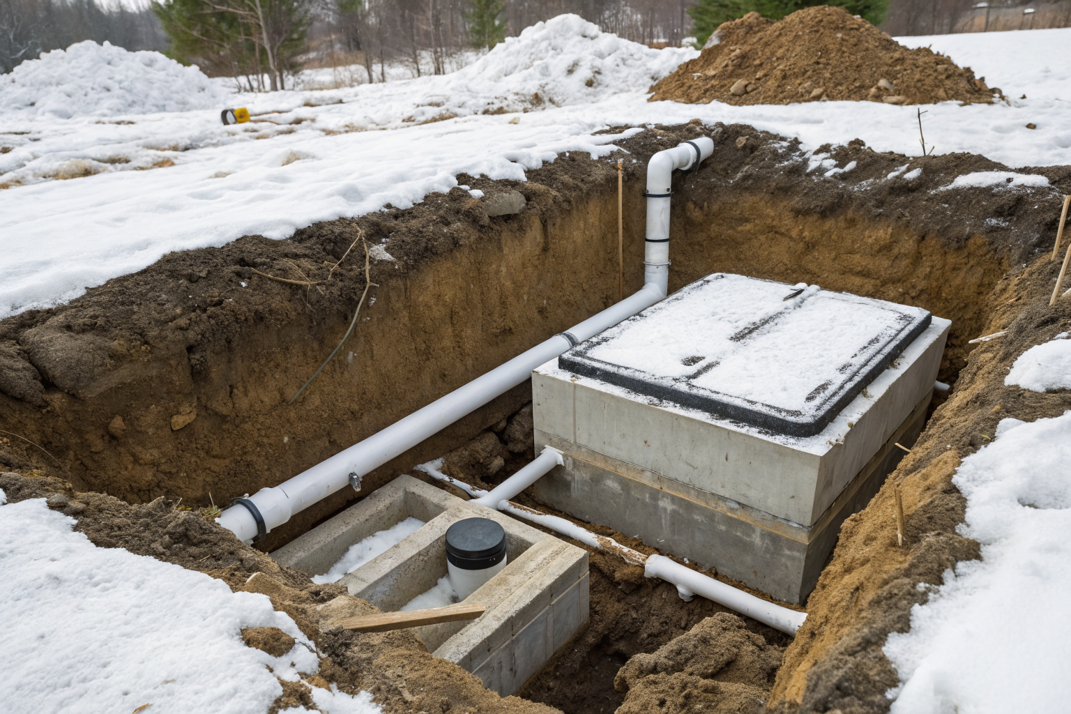 Septic components underground cross-section with snow on surface.